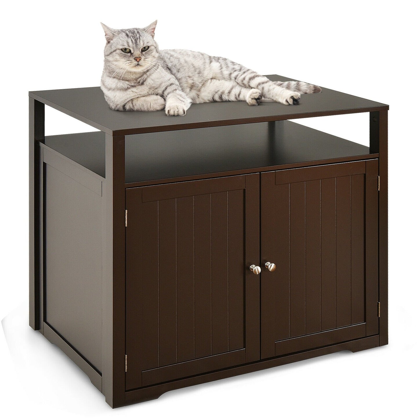 Wooden Cat Litter Box Enclosure Hidden Cat Washroom with Storage Layer, Brown at Gallery Canada