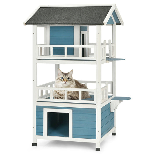 2-Story Outdoor Wooden Catio Cat House Shelter with Enclosure, Blue