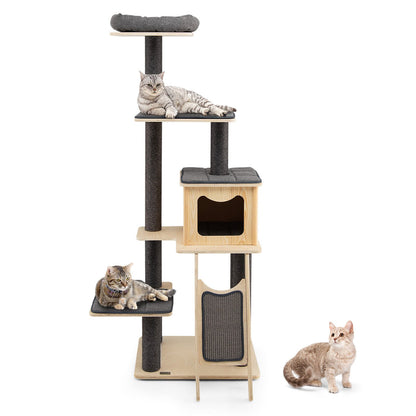 5-Tier Modern Wood Cat Tower with Washable Cushions, Gray
