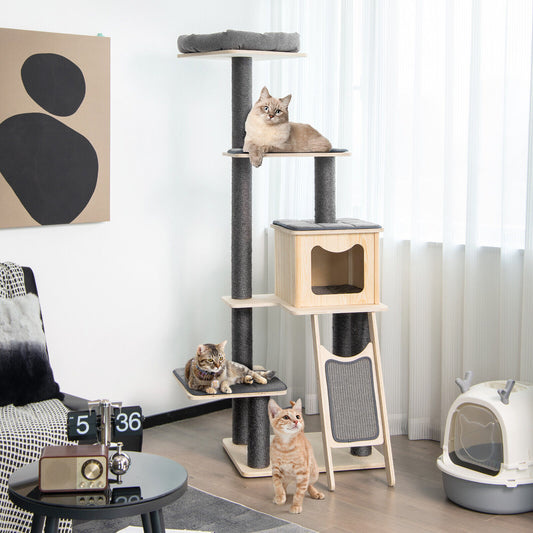 5-Tier Wood Cat Tower, Washable Cushions, Gray