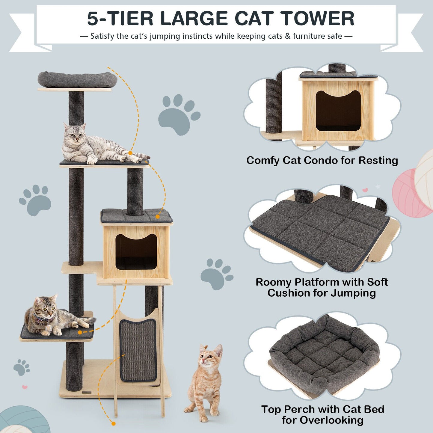 5-Tier Modern Wood Cat Tower with Washable Cushions, Gray
