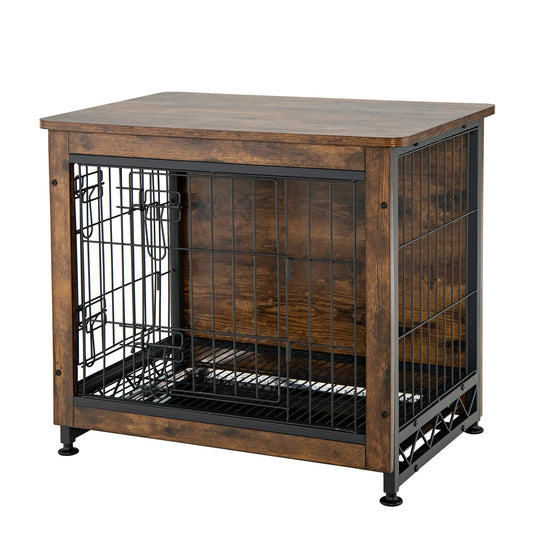 Wooden Dog Crate Furniture with Tray and Double Door, Brown