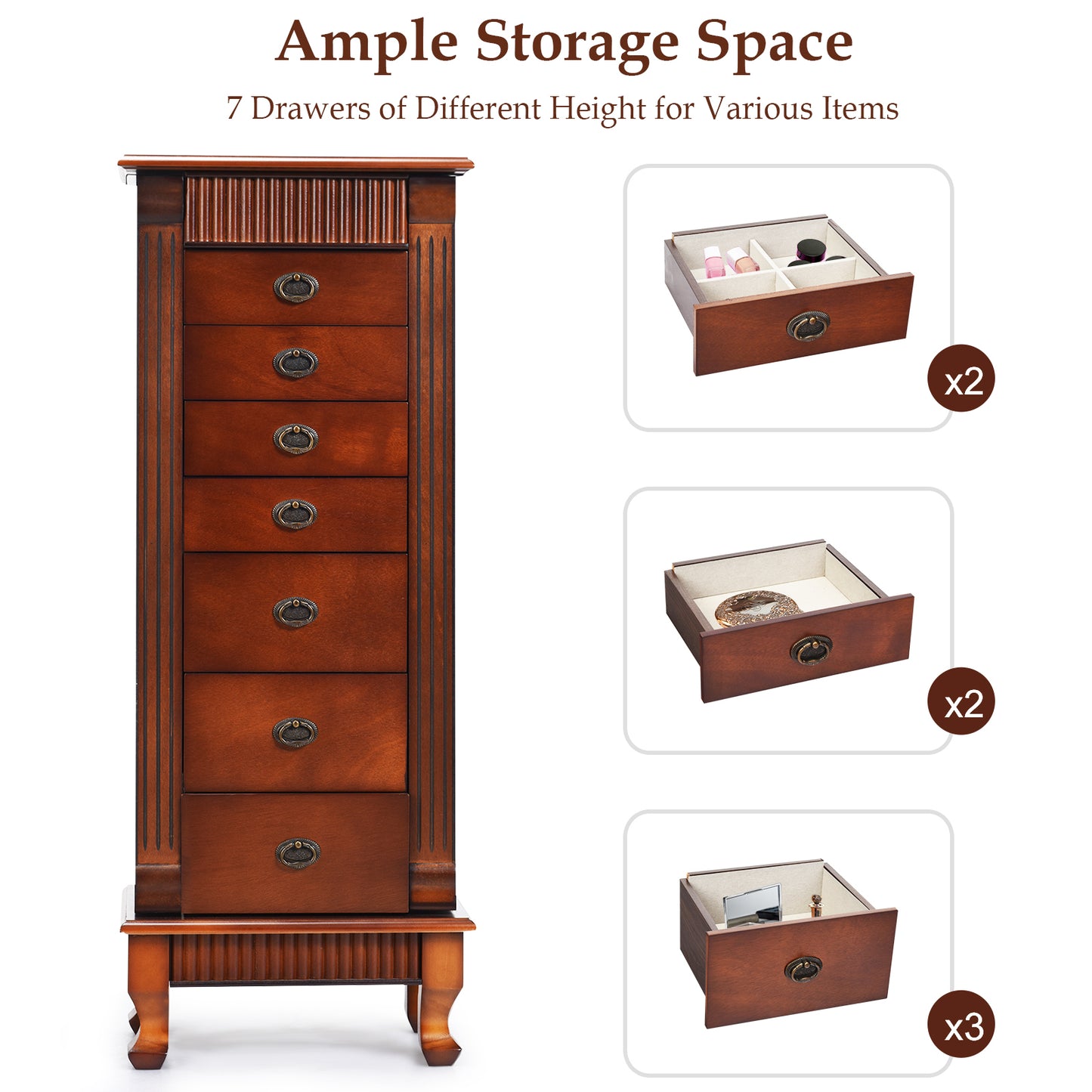 Wooden Jewelry Armoire Cabinet Storage Chest with Drawers and Swing Doors, Brown Jewelry Armoires at Gallery Canada
