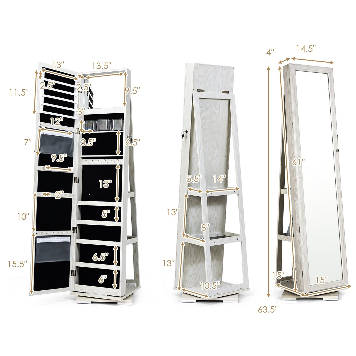 360° Rotatable 2-in-1 Lockable Jewelry Cabinet with Full-Length Mirror, White at Gallery Canada