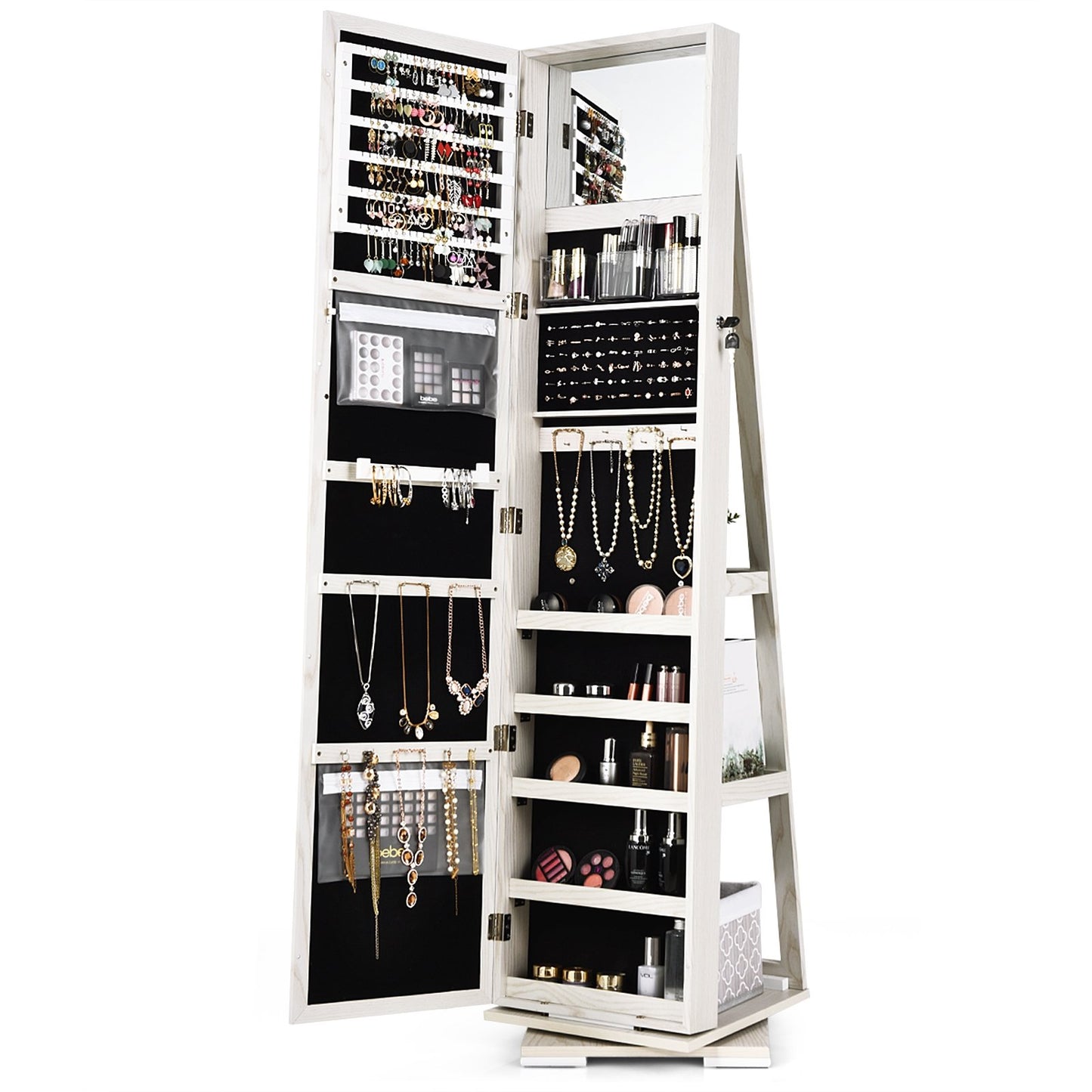 360° Rotatable 2-in-1 Lockable Jewelry Cabinet with Full-Length Mirror, White