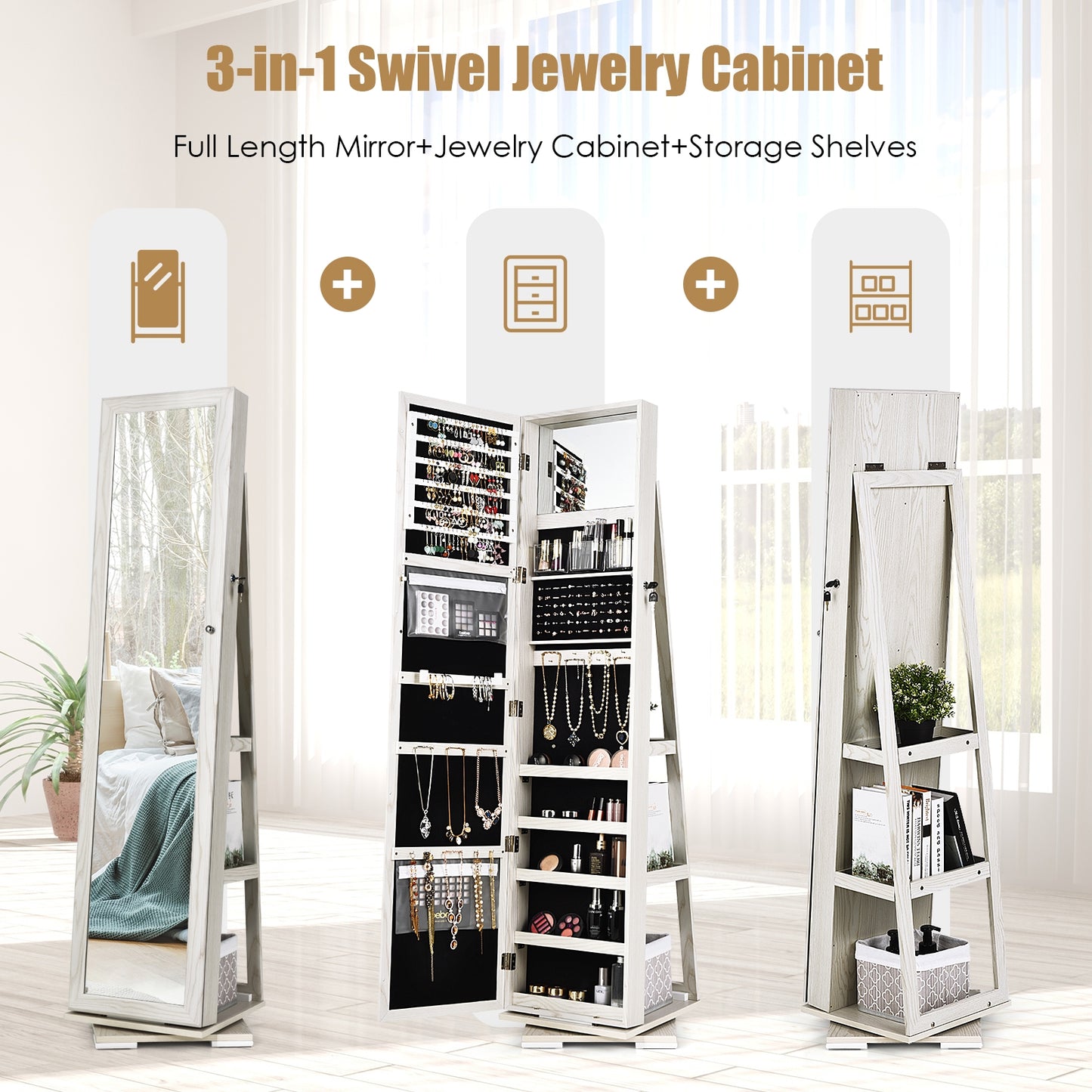 Rotatable 2-in-1 Lockable Jewelry Cabinet, Full-Length Mirror, White Jewelry Armoires at Gallery Canada