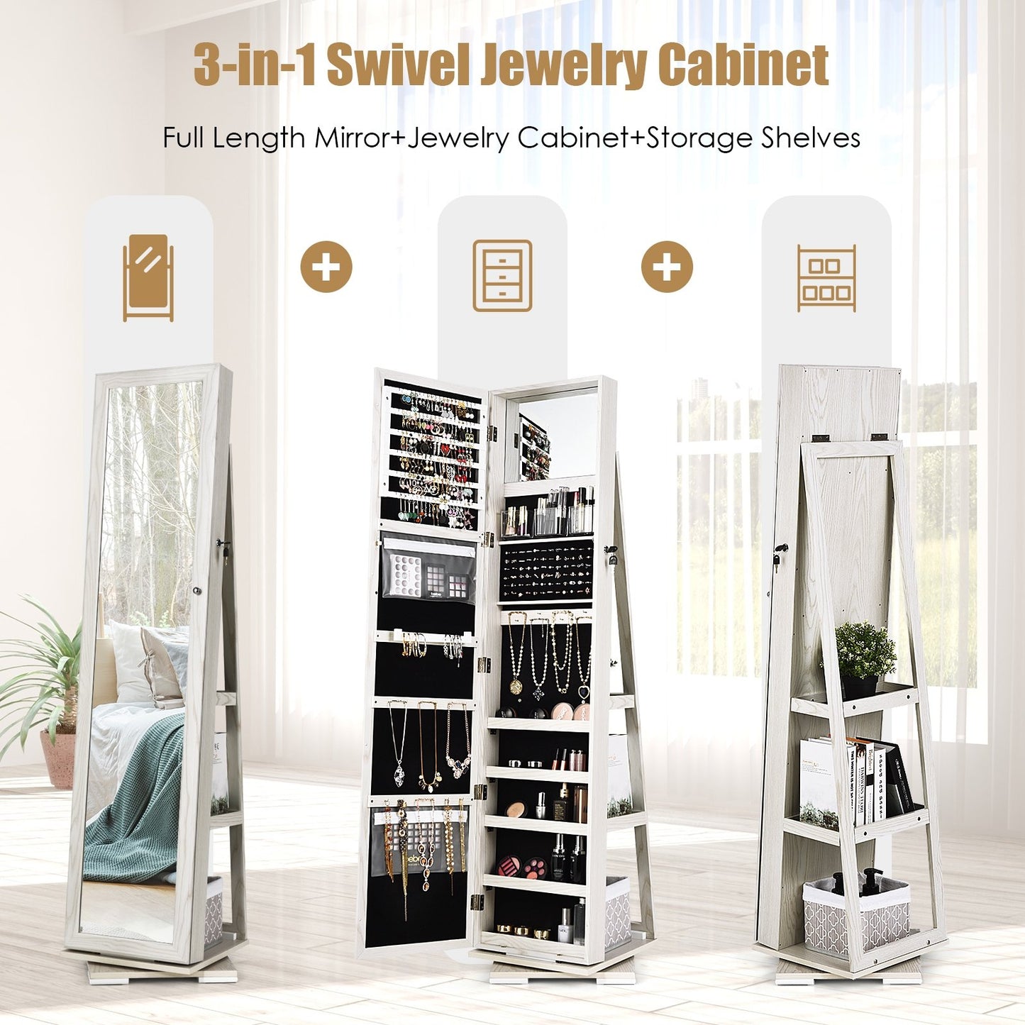 360° Rotatable 2-in-1 Lockable Jewelry Cabinet with Full-Length Mirror, White at Gallery Canada