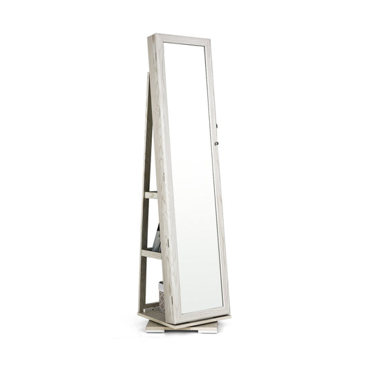 360° Rotatable 2-in-1 Lockable Jewelry Cabinet with Full-Length Mirror, White