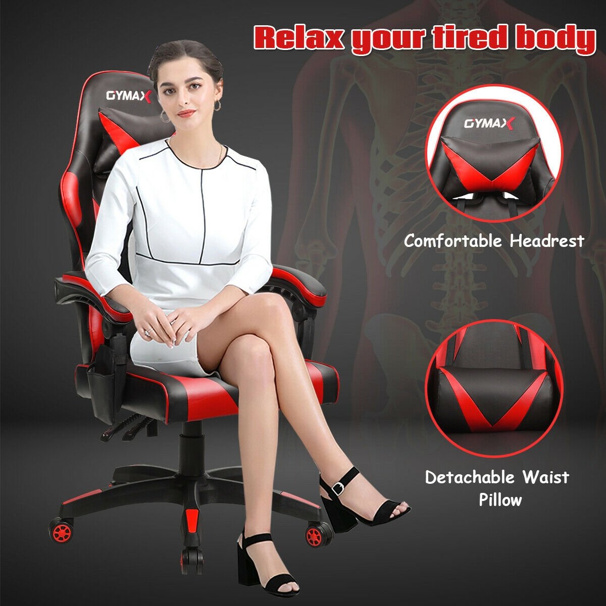 Gaming Chair Reclining Swivel with Massage Lumbar Support, Red at Gallery Canada