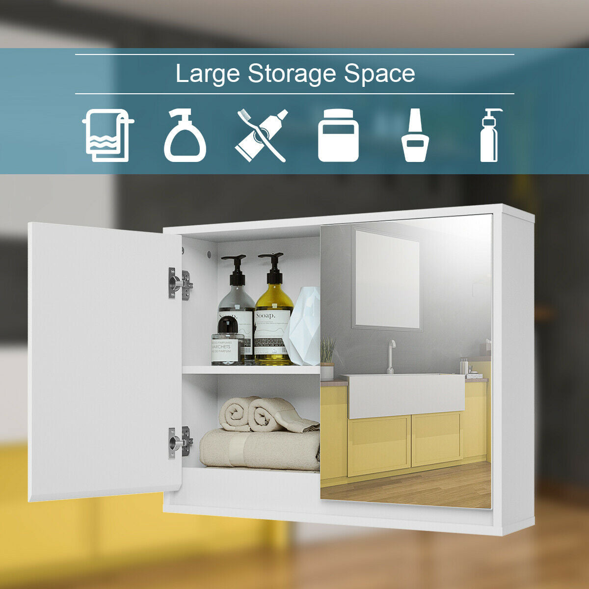 2-Door Wall-Mounted Bathroom Mirrored Medicine Cabinet, White Wall Cabinets at Gallery Canada