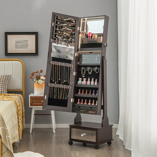 47 Inch Lockable Jewelry Cabinet, With 3-Color LED Lights, Brown Jewelry Armoires Brown at Gallery Canada