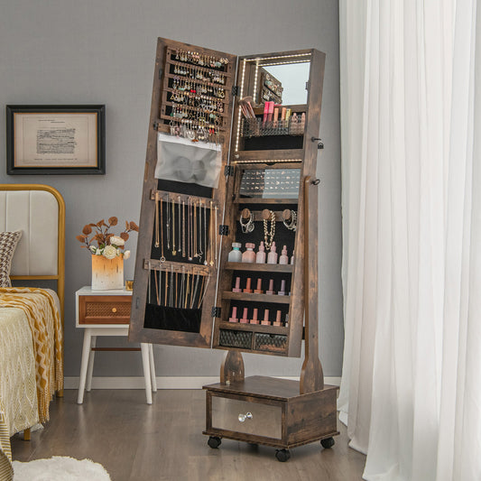 47 Inch Lockable Jewelry Cabinet, 3-Color LED Lights, Rustic Brown Jewelry Armoires Rustic Brown at Gallery Canada