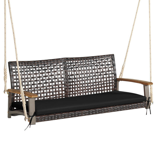 2-Person Rattan Hanging Porch Swing Chair, Black