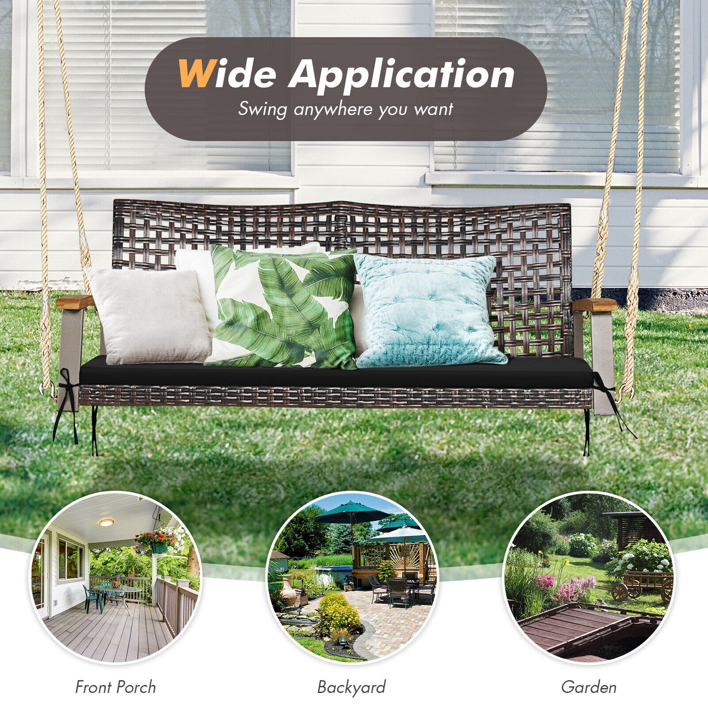 2-Person Rattan Hanging Swing Chair, Black Porch Swings at Gallery Canada