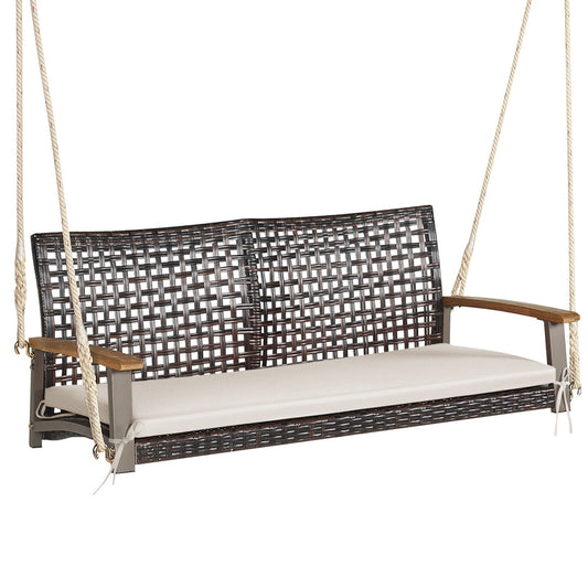 2-Person Rattan Hanging Porch Swing Chair, Off White