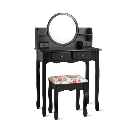 Makeup Vanity Table Set Girls Dressing Table with Drawers Oval Mirror, Black