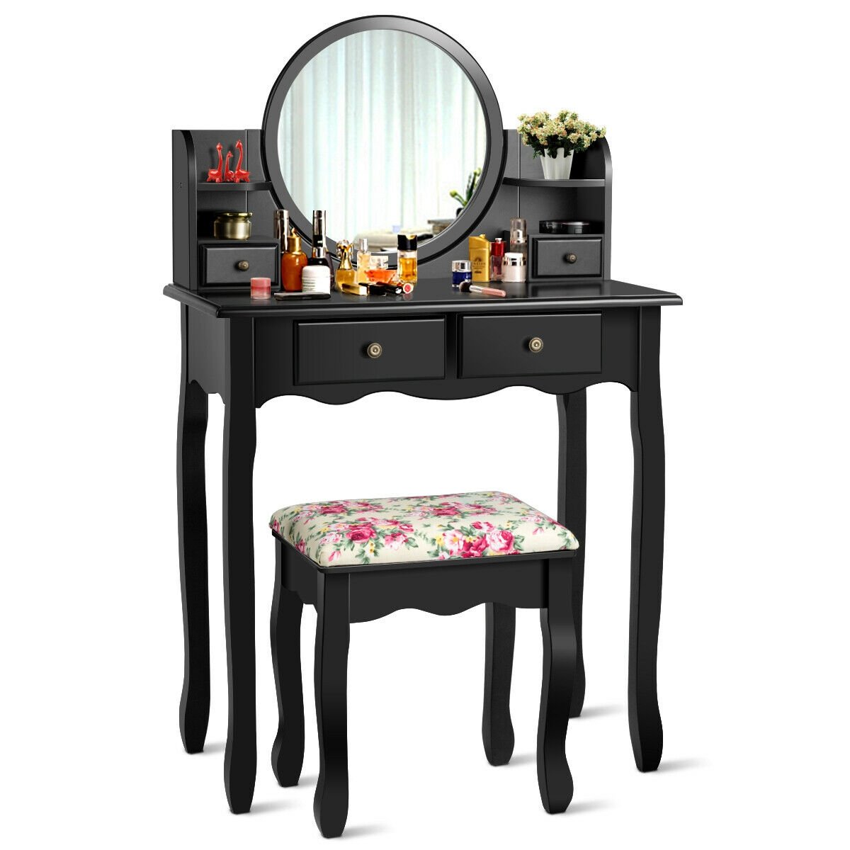 Makeup Vanity Table Set Girls Dressing Table with Drawers Oval Mirror, Black at Gallery Canada