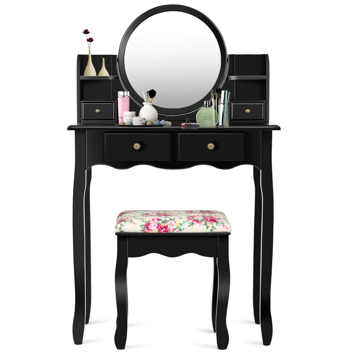 Makeup Vanity Table Set Girls Dressing Table with Drawers Oval Mirror, Black at Gallery Canada
