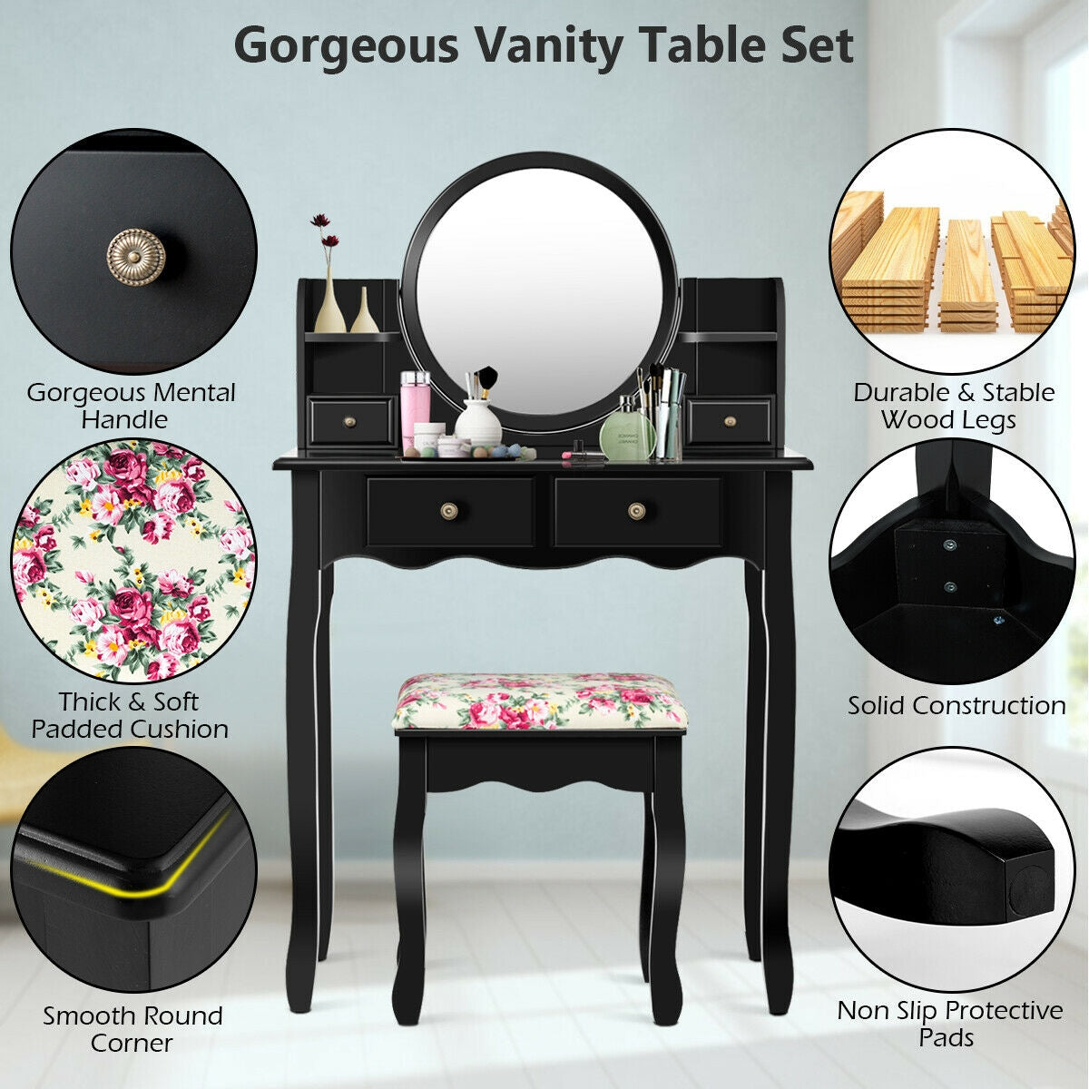 Makeup Vanity Table Set Girls Dressing Table with Drawers Oval Mirror, Black Makeup Vanities at Gallery Canada