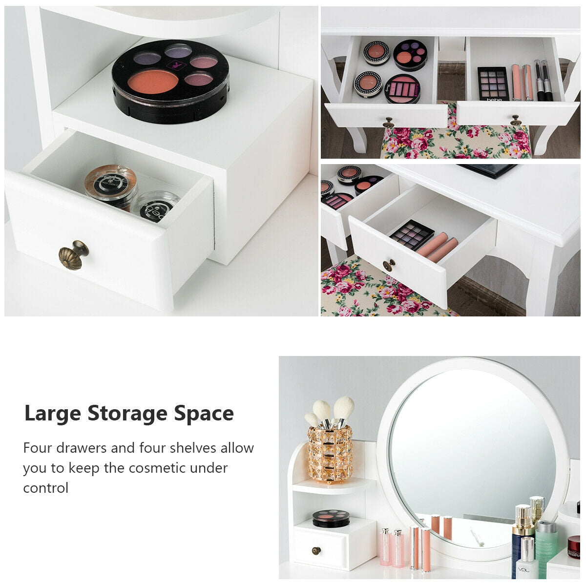 Makeup Vanity Table Set With Drawers, Oval Mirror, White Makeup Vanities at Gallery Canada