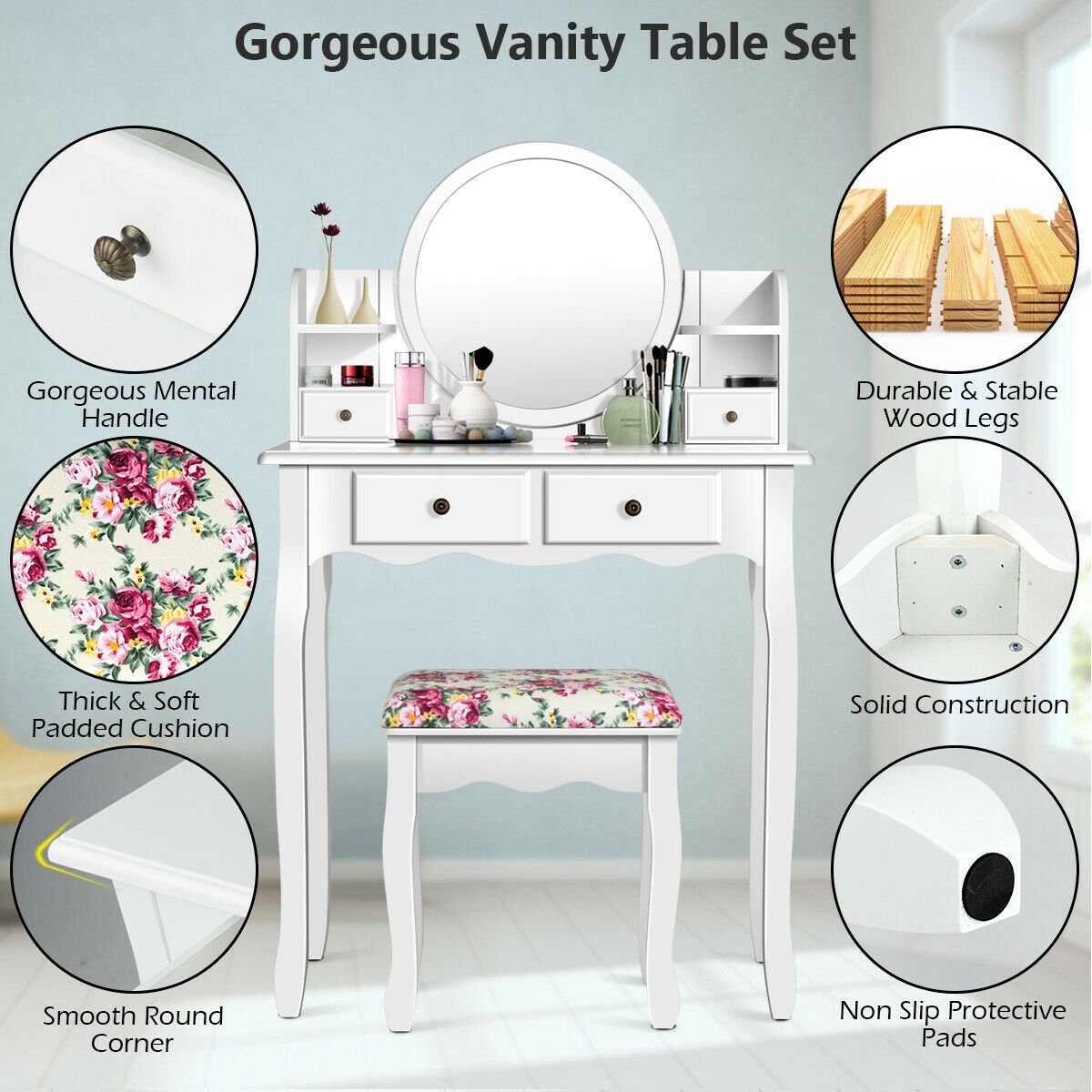 Makeup Vanity Table Set Girls Dressing Table with Drawers Oval Mirror, White at Gallery Canada