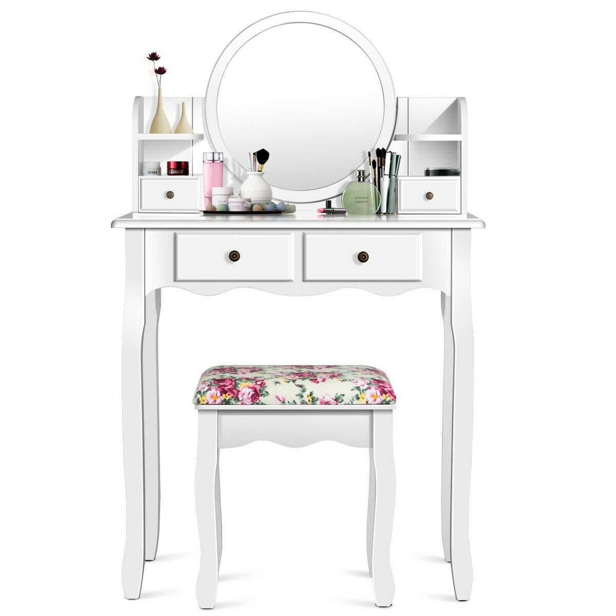 Makeup Vanity Table Set Girls Dressing Table with Drawers Oval Mirror, White at Gallery Canada
