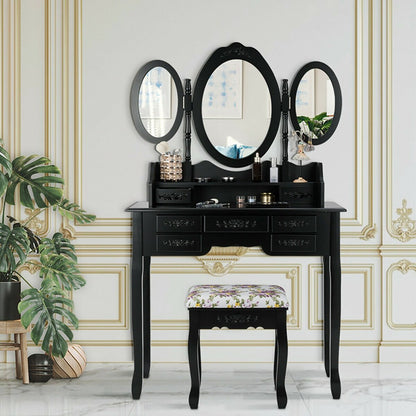 7 Drawer Tri-Folding Mirror Dressing Vanity Makeup Set, Black at Gallery Canada
