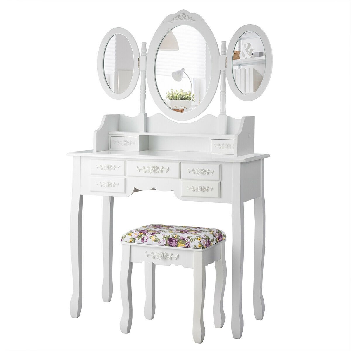 Vanity Set with Tri-Folding Mirror and Cushioned Stool, White at Gallery Canada