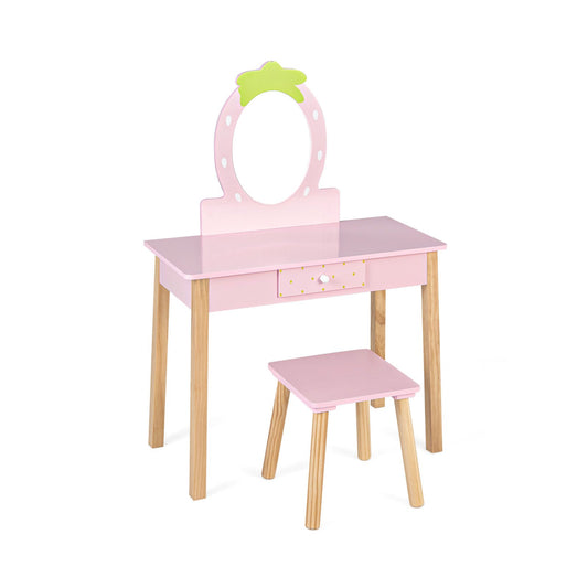 2-in-1 Children Vanity Table Stool Set with Mirror, Pink