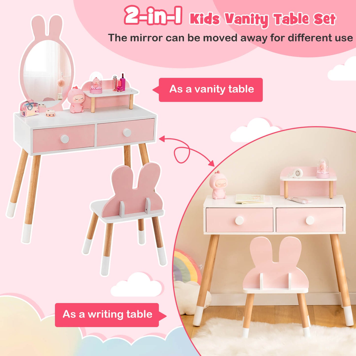 Kids Vanity Table and Chair Set with Drawer Shelf and Rabbit Mirror, Pink Kids Vanities at Gallery Canada