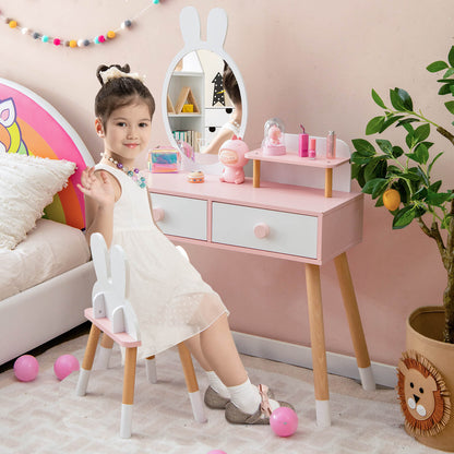 Kids Vanity Table and Chair Set with Drawer Shelf and Rabbit Mirror, White at Gallery Canada