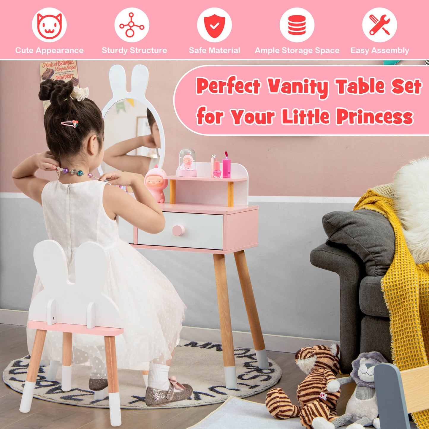 Kids Vanity Table and Chair Set with Drawer Shelf and Rabbit Mirror, White