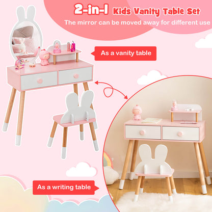 Kids Vanity Table and Chair Set with Drawer Shelf and Rabbit Mirror, White