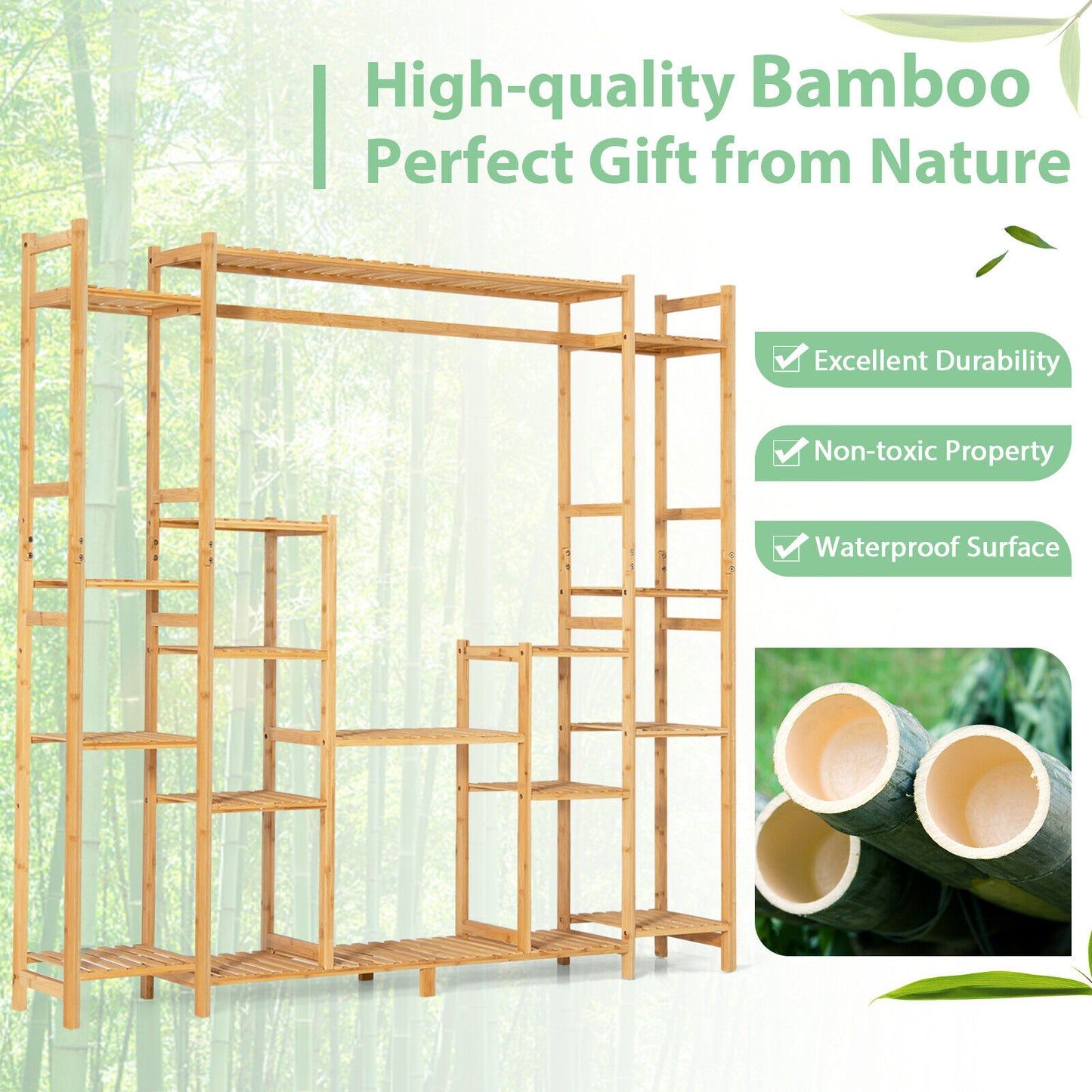 9-Tier Bamboo Plant Stand with Hanging Rack, Natural Plant Stands at Gallery Canada