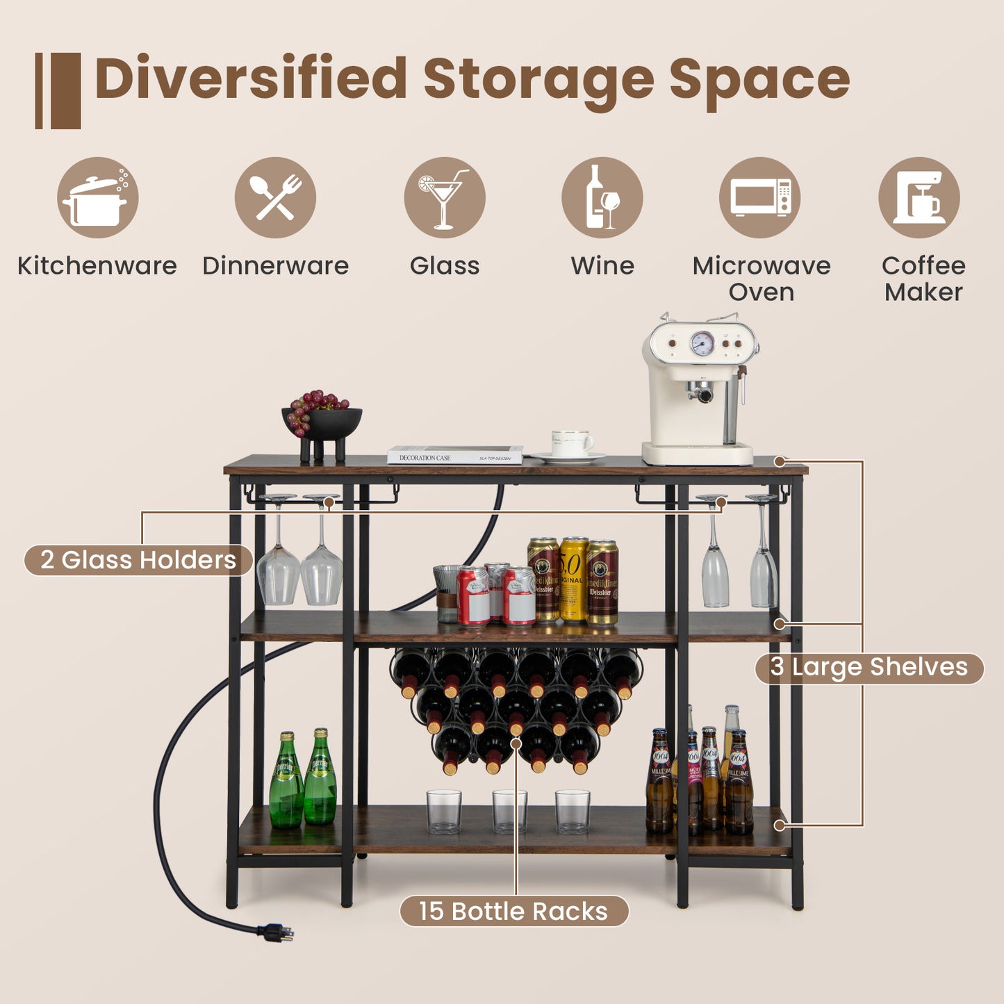Industrial Wine Rack Wine Bar Cabinet with Storage Shelves, Brown Wine Racks at Gallery Canada