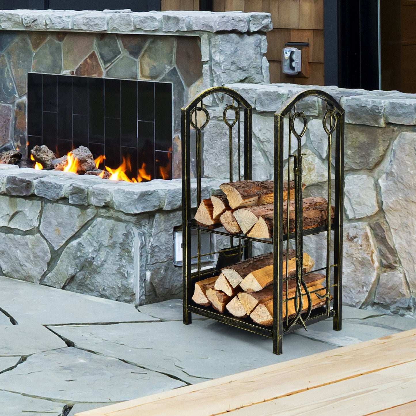 Fireplace Log Rack with 4 Pieces Fireplace Tools, Bronze