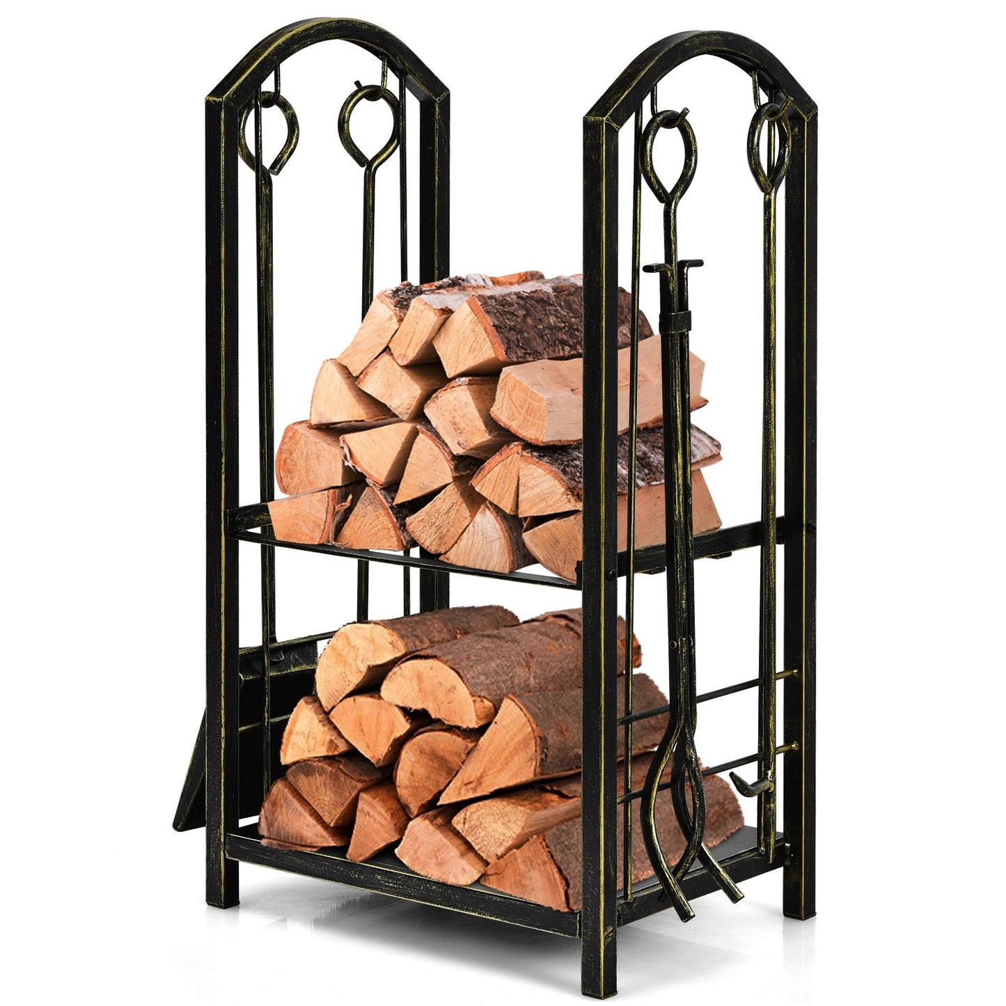 Fireplace Log Rack with 4 Pieces Fireplace Tools, Bronze