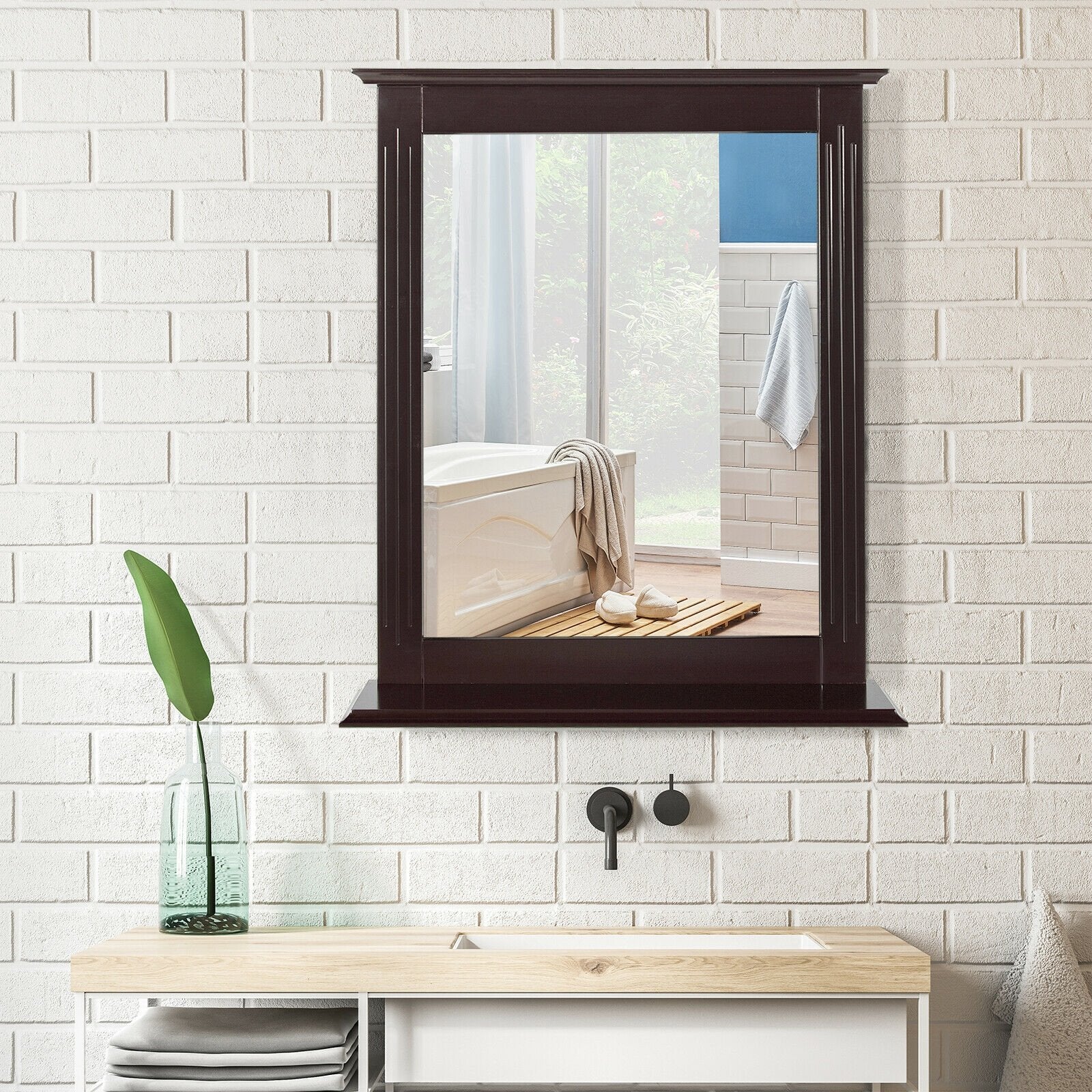 Wall-Mounted Multipurpose Vanity Mirror with Shelf, Brown at Gallery Canada