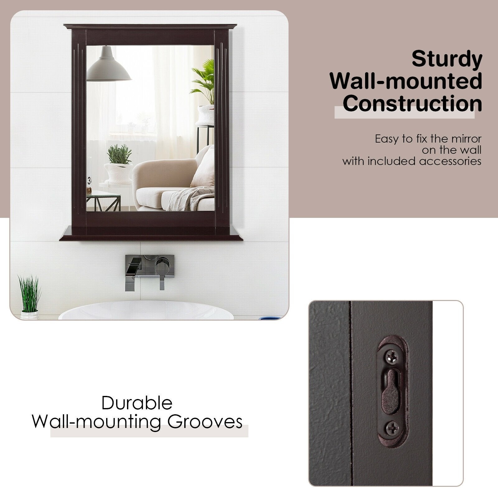 Wall-Mounted Multipurpose Vanity Mirror with Shelf, Brown at Gallery Canada