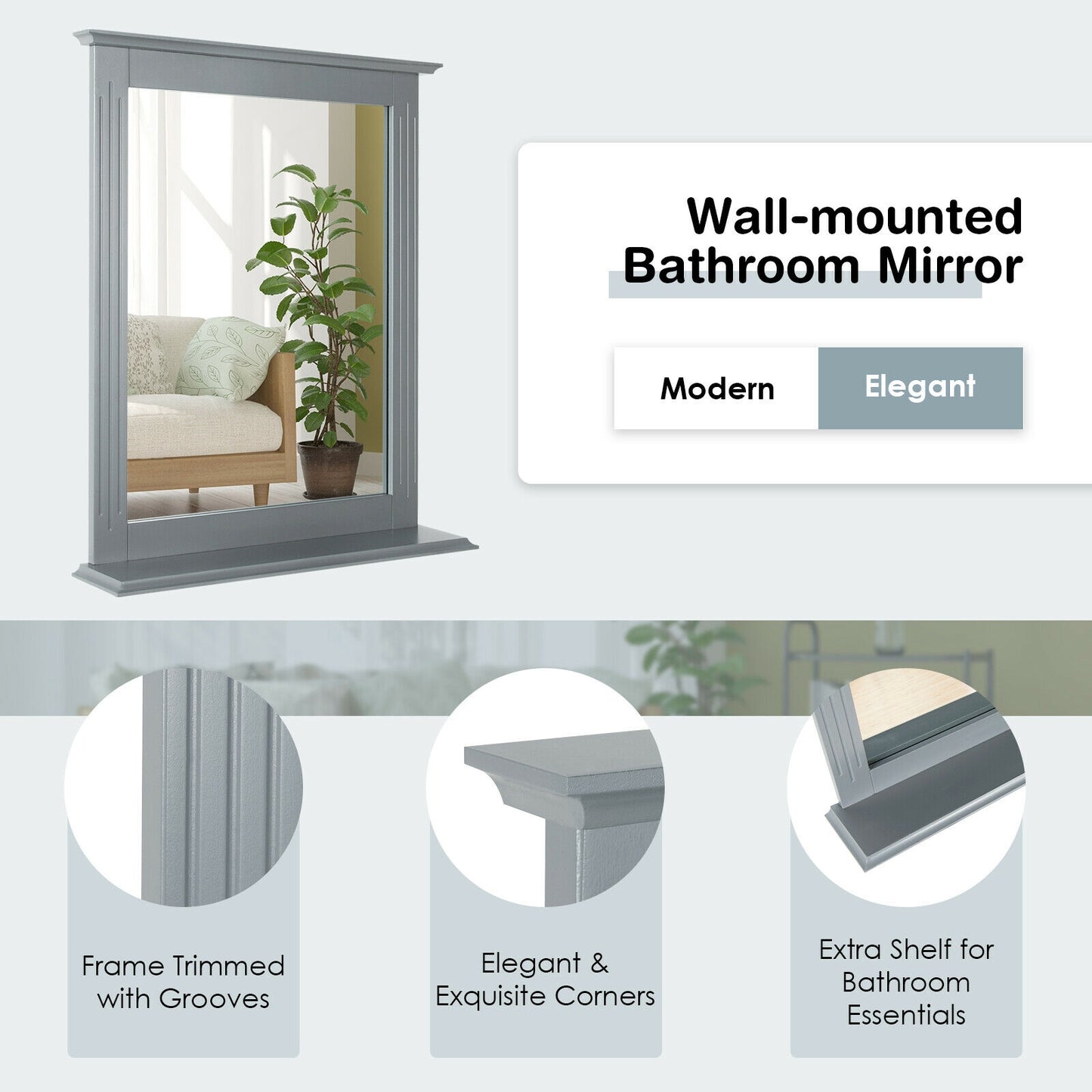 Wall Mounted Vanity Mirror With Shelf, Gray Wall Mirrors at Gallery Canada