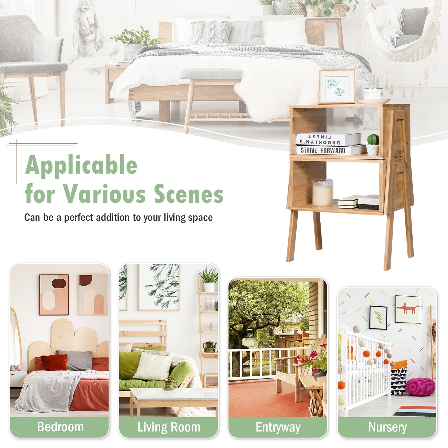 Bamboo Nightstand Sofa Table With Storage Shelf, Natural