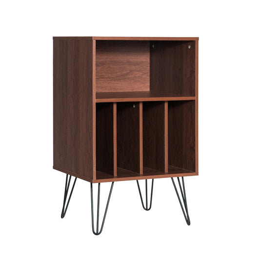 Freestanding Record Player Stand Record Storage Cabinet with Metal Legs, Brown