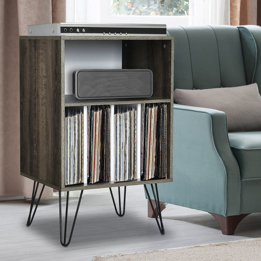 Freestanding Record Player Stand Record Storage Cabinet with Metal Legs, Gray File Cabinets Gray at Gallery Canada