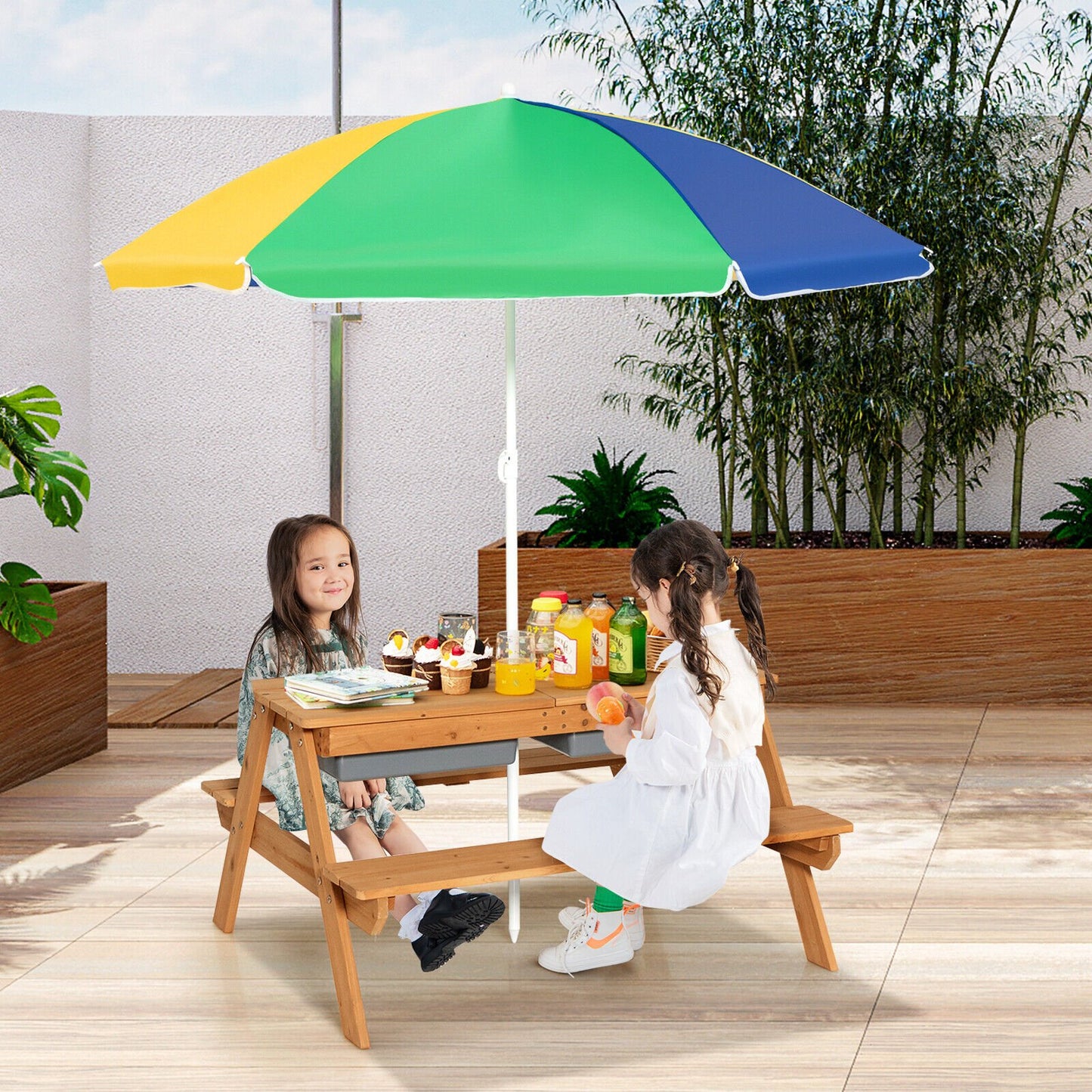 3-in-1 Kids Outdoor Picnic Water Sand Table with Umbrella Play Boxes, Yellow at Gallery Canada