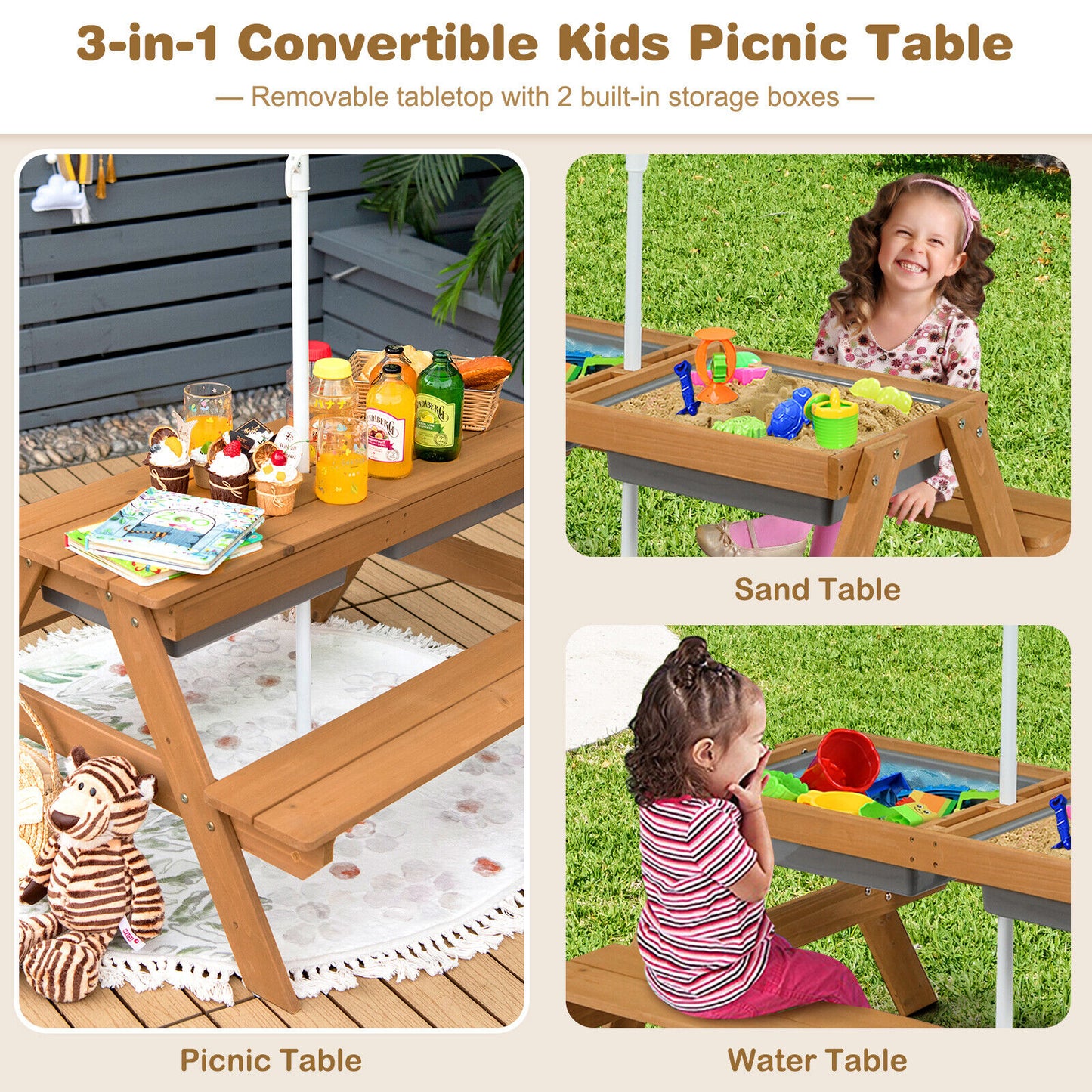 3-in-1 Kids Outdoor Picnic Water Sand Table with Umbrella Play Boxes, Yellow Kids Table & Chair Sets at Gallery Canada