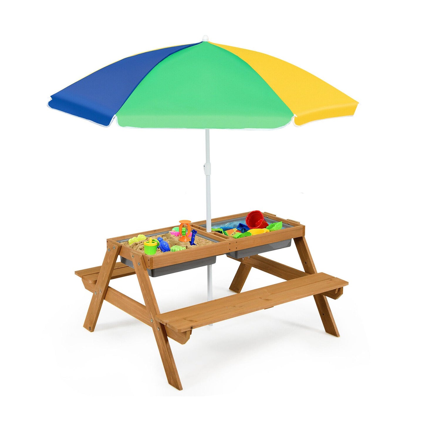 3-in-1 Kids Outdoor Picnic Water Sand Table with Umbrella Play Boxes, Yellow at Gallery Canada