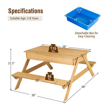 3-in-1 Kids Picnic Table Wooden Outdoor Water Sand Table with Play Boxes, Natural
