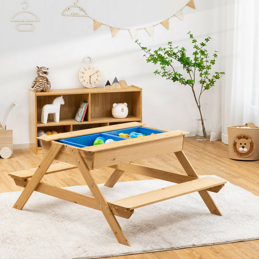 3-in-1 Kids Picnic Table, Wooden Outdoor Water Sand Table, Natural