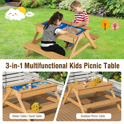 3-in-1 Kids Picnic Table Wooden Outdoor Water Sand Table with Play Boxes, Natural