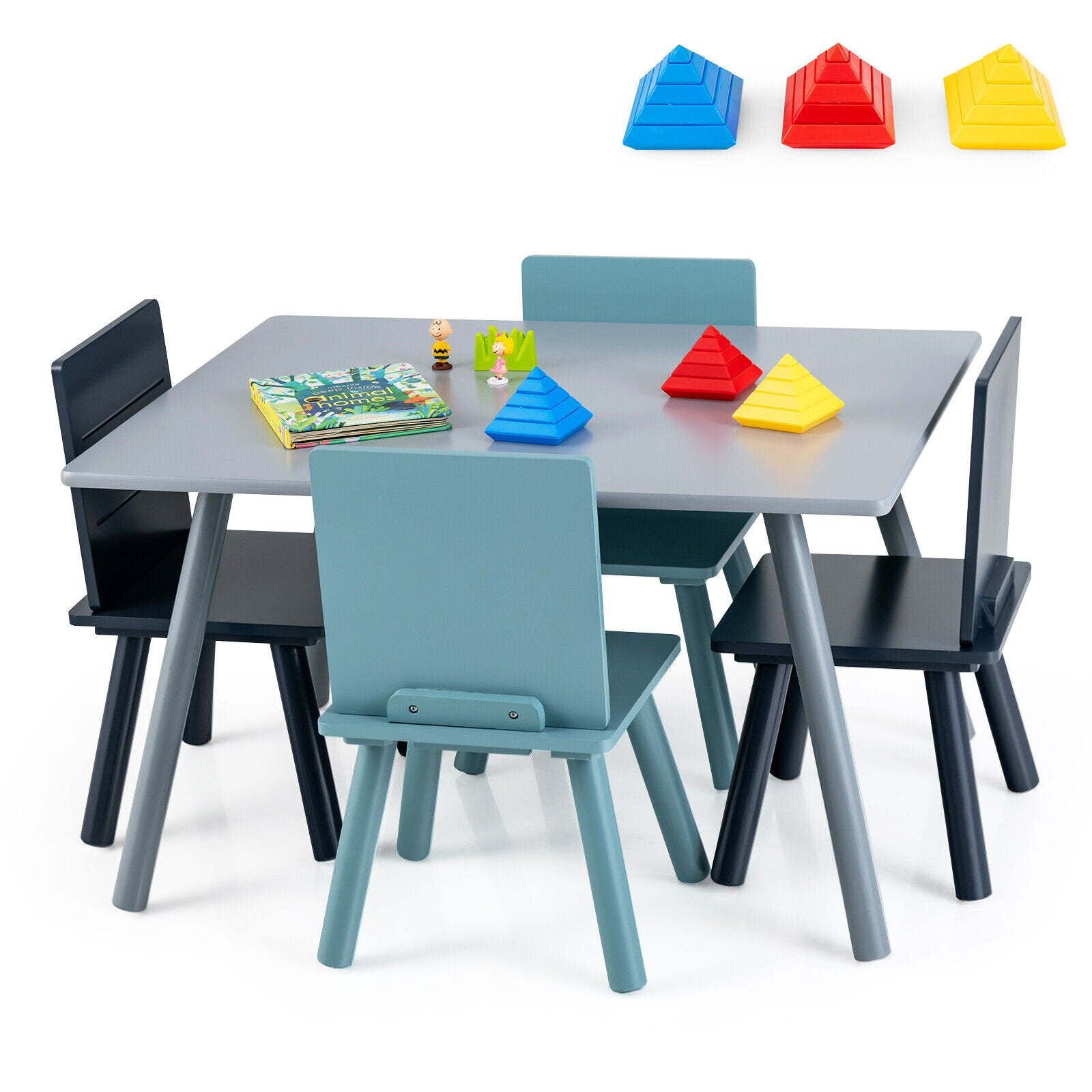 5 Pieces Kids Wooden Activity Play Furniture Set with Building Blocks, Blue at Gallery Canada